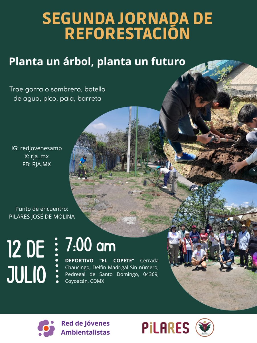 rja_mx's tweet photo. ¡Nos vemos el sábado 12 de julio para nuestra segunda jornada de reforestación en El Copete!

Esta vez nos encontraremos en el PILARES José de Molina a las 7:00 AM https://t.co/5ptSI9hdTF