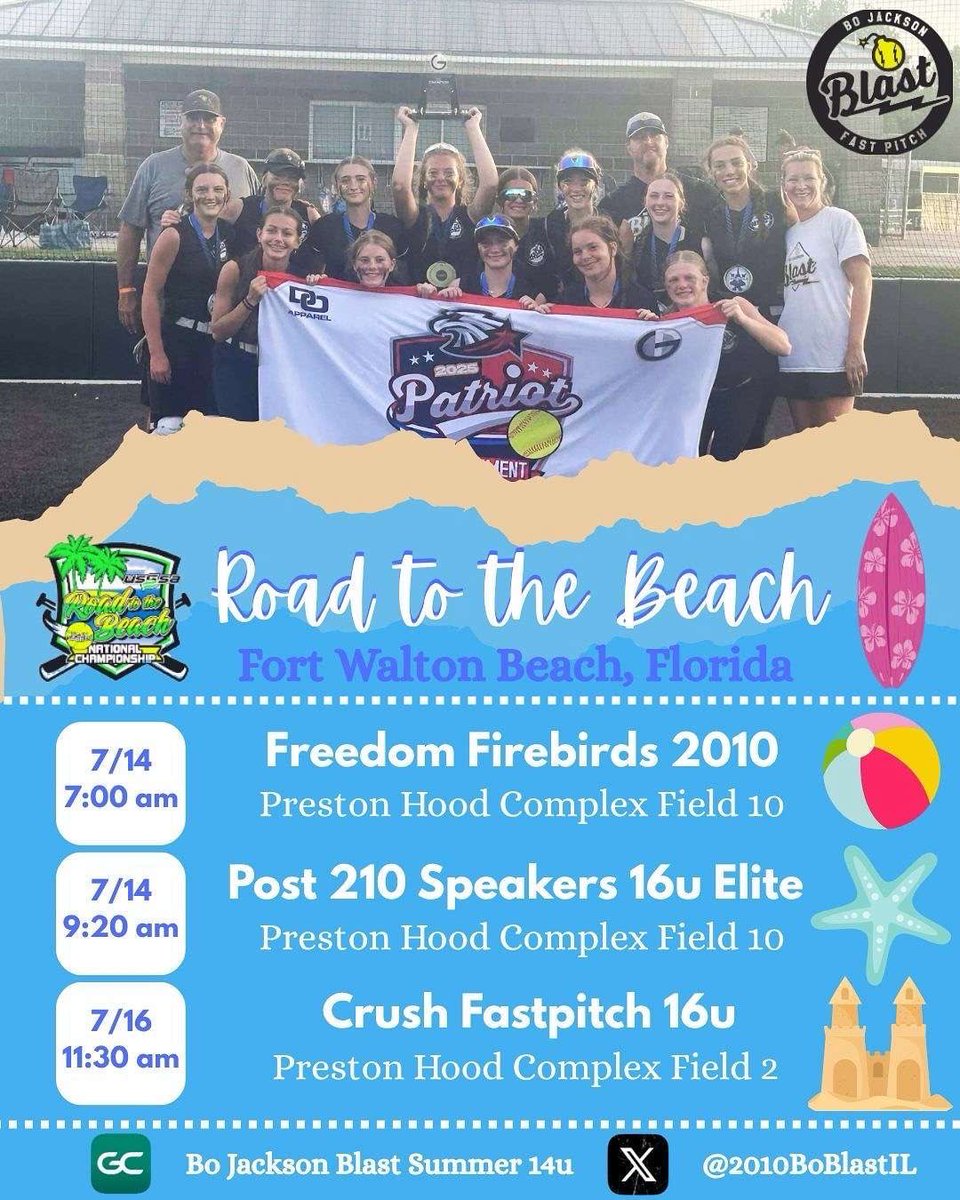 Get ready for some beach time and unforgettable softball. Come support us in Destin, Florida this week in the 16u nationals!
<a href="/2010BoBlastIL/">Bo Jackson Blast 2010</a> <a href="/gabinillesfastp/">Gabi Nilles Fastpitch</a> <a href="/GenuWin411/">GENUWIN Sports Training</a>