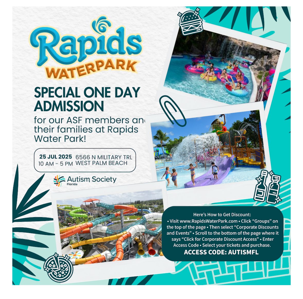 AutismFlorida's tweet image. WOOP WOOP!!!!
Join us on July 25 at @Rapidswaterpark
Go to their web site
rapidswaterpark.com/groups/corpora…
Tap the BUY NOW and that is where the access code goes for the discount.. AUTISMFL