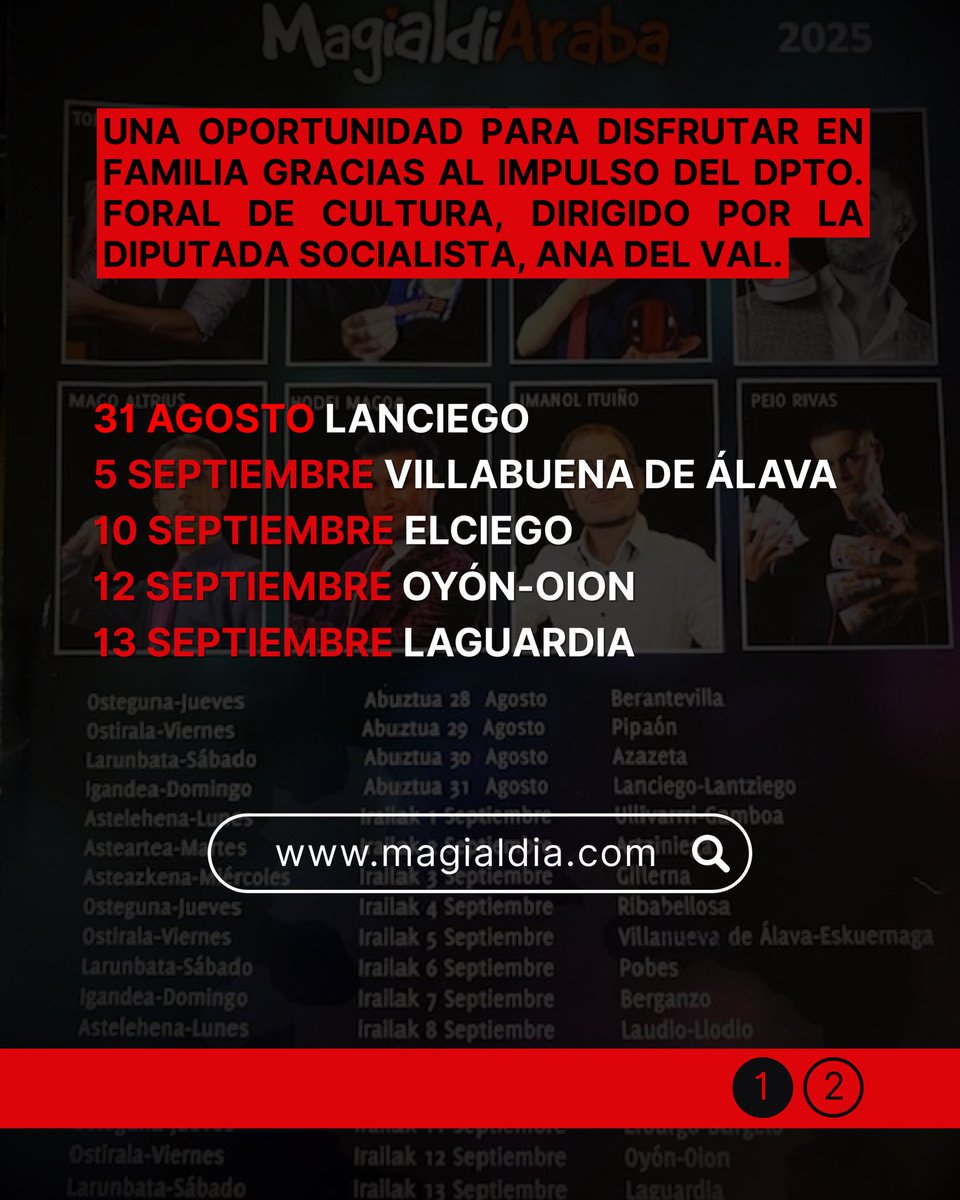 🪄✨ ¡La magia llega a #RiojaAlavesa!

Del 28 de agosto al 14 de septiembre, la XI edición de #MagialdiAraba llenará de magia localidades como Laguardia, Elciego, Villabuena de Álava, Lanciego y Oyón-Oion, entre otras.

📌 Más información: magialdia.com