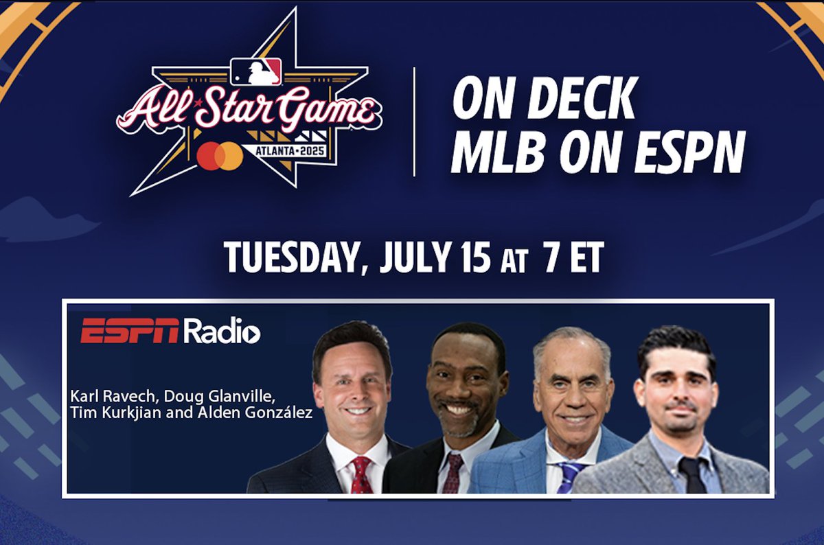 ESPN PR (@espnpr) on Twitter photo Tuesday, <a href="/ESPNRadio/">ESPN Radio</a> broadcasts the 2025 MLB #AllStarGame
📻 Coverage begins at 7p ET
🎙️ <a href="/karlravechespn/">Karl Ravech</a>, <a href="/dougglanville/">Doug Glanville</a>, <a href="/Kurkjian_ESPN/">Tim Kurkjian</a>, <a href="/Alden_Gonzalez/">Alden González</a> Tuesday, <a href="/ESPNRadio/">ESPN Radio</a> broadcasts the 2025 MLB #AllStarGame
📻 Coverage begins at 7p ET
🎙️ <a href="/karlravechespn/">Karl Ravech</a>, <a href="/dougglanville/">Doug Glanville</a>, <a href="/Kurkjian_ESPN/">Tim Kurkjian</a>, <a href="/Alden_Gonzalez/">Alden González</a>