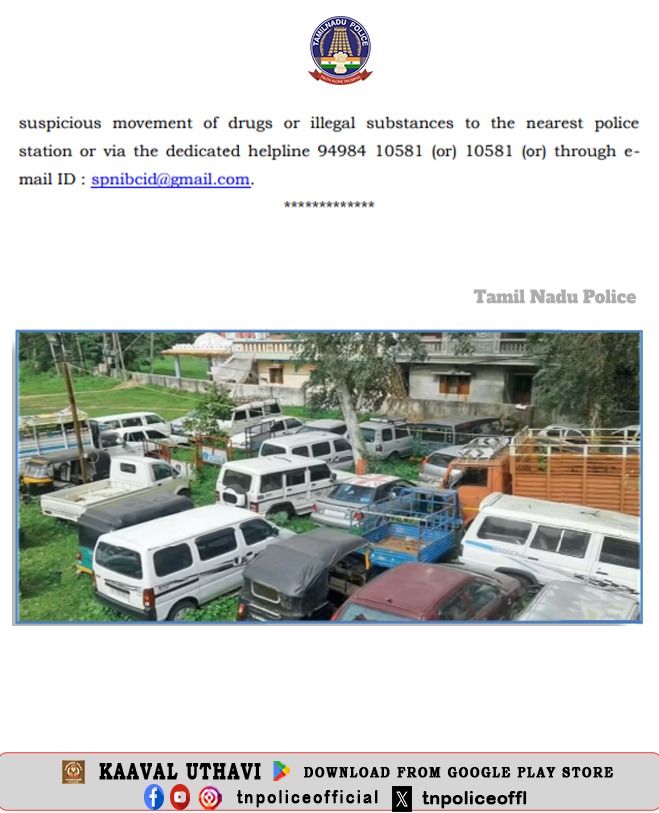 Press Note:  Tamil Nadu Police initiates disposal of seized vehicles under NDPS Act to Curb Drug Trafficking.

#PressNote #DrugFreeTamilNadu #NDPS #FightAgainstDrugs #TamilNaduPolice #TNPolice

play.google.com/store/apps/det…