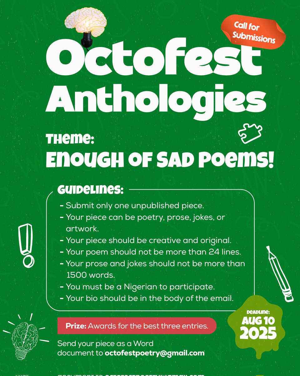Octofest Poetry (@octofestpoetry) on Twitter photo Great news!!🥳🎉
The Octofest Anthologies submission deadline has been extended to August 10.
If you haven’t sent in your work yet, this is your final chance to submit now!
Turn in your submissions in word document form to octofestpoetry@gmail.com
#OctoFest #Anthologies Great news!!🥳🎉
The Octofest Anthologies submission deadline has been extended to August 10.
If you haven’t sent in your work yet, this is your final chance to submit now!
Turn in your submissions in word document form to octofestpoetry@gmail.com
#OctoFest #Anthologies