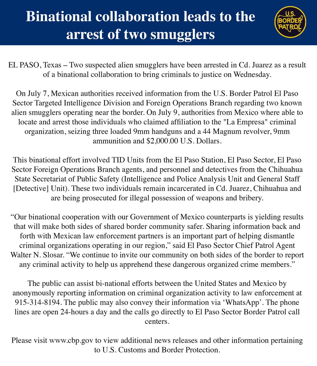 USBPChiefEPT's tweet image. Binational collaboration leads to the arrest of two smugglers.