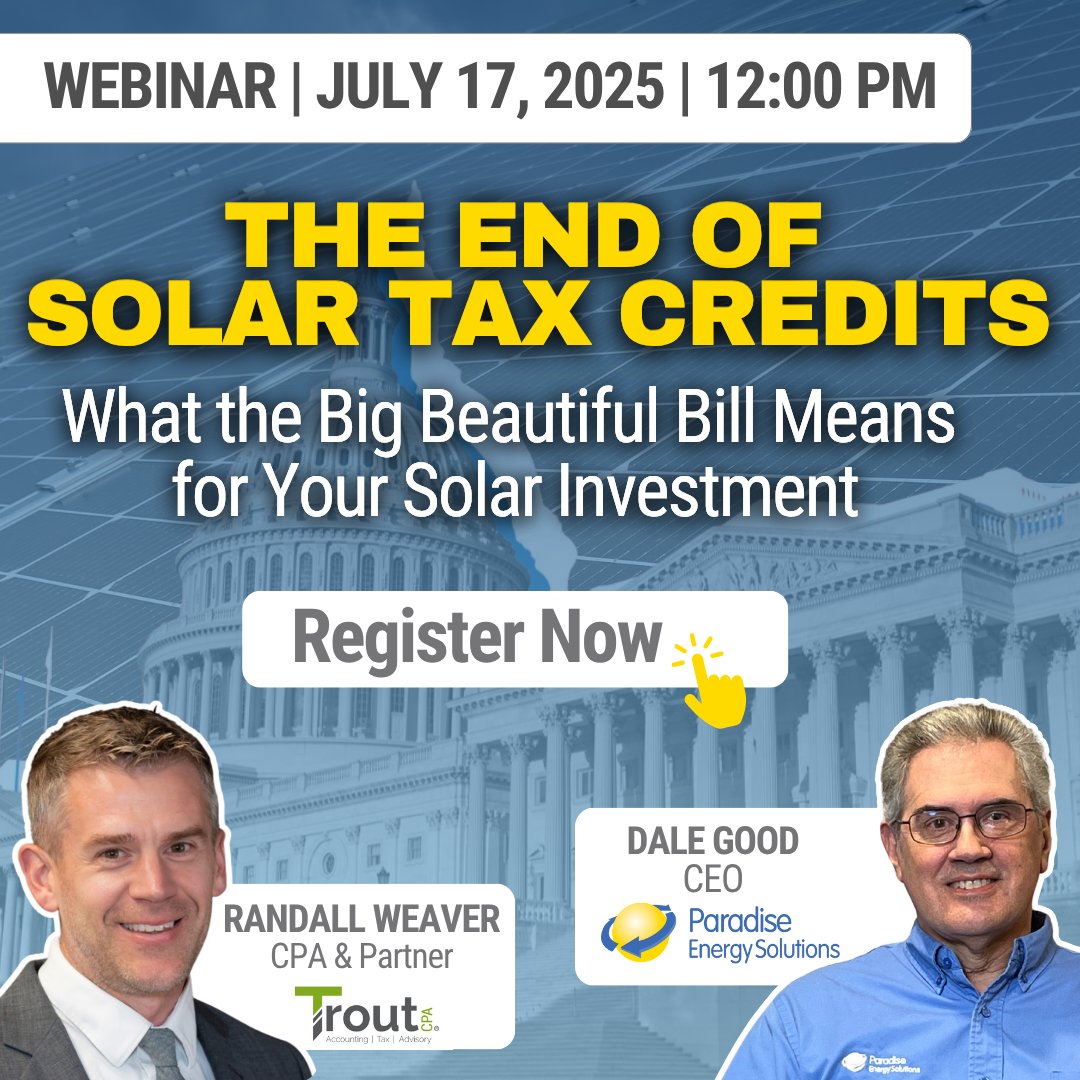 ParadiseSolar's tweet photo. New law. New deadlines. Same opportunity—if you act now.
Join our free webinar on July 17 at 12 PM to learn how the new solar tax rules impact your business.
CPA + solar experts explain what you need to know.

 👉Register Here: https://t.co/4ZJ4H8izhT https://t.co/EA8rBuVpSN