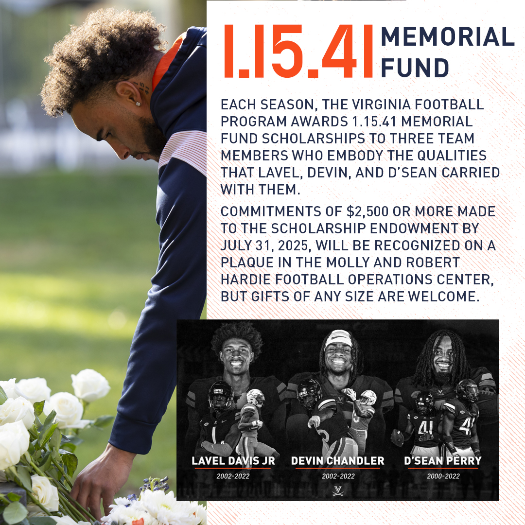 Virginia Athletics Foundation (@uva_vaf) on Twitter photo 1.15.41 🕊️ 
Commitments of $2,500 or more made to the 1.15.41 Memorial Fund by July 31, 2025, will be recognized on a plaque in the Molly and Robert Hardie Football Operations Center, but gifts of any size are welcome.  
Give here ➡️bit.ly/40GmdIA 1.15.41 🕊️ 
Commitments of $2,500 or more made to the 1.15.41 Memorial Fund by July 31, 2025, will be recognized on a plaque in the Molly and Robert Hardie Football Operations Center, but gifts of any size are welcome.  
Give here ➡️bit.ly/40GmdIA