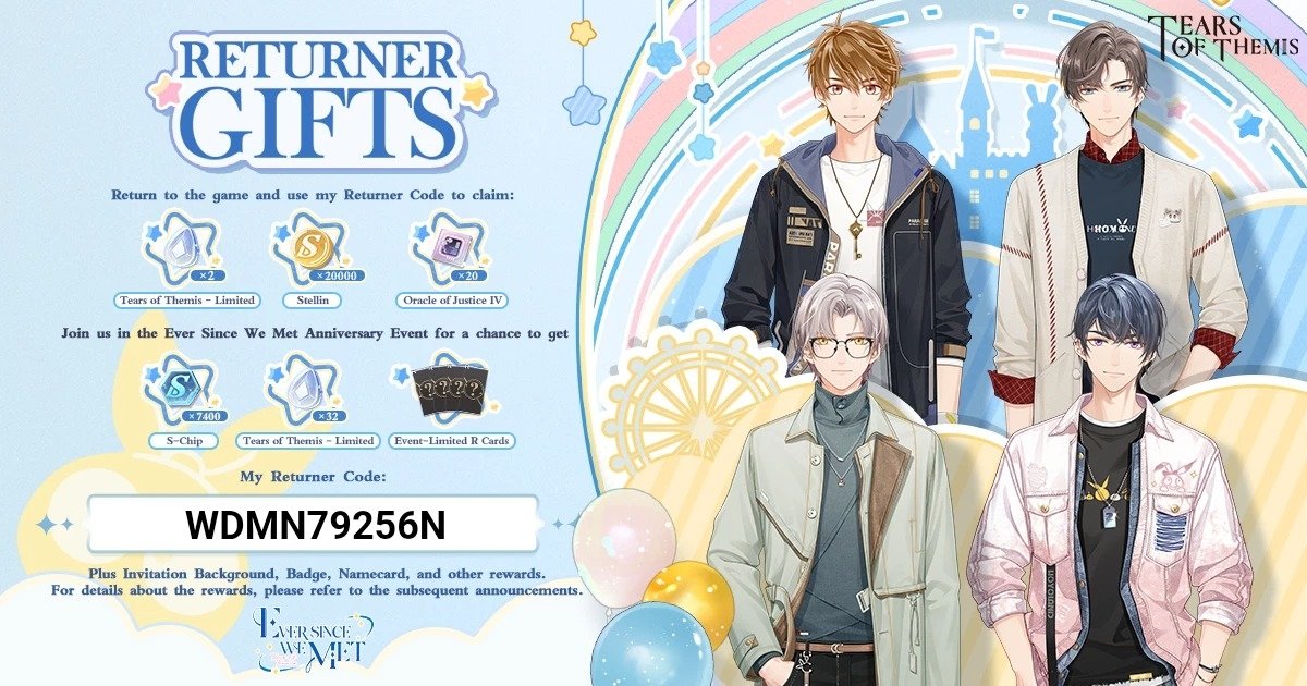 707_10101's tweet photo. Welcome back to Stellis! Here's a special Returner Gift for you. Log in now and participate in the "Ever Since We Met" Event! Link my exclusive Returner Code "WDMN79256N" to obtain the gift! #TearsOfThemis #EverSinceWeMet  Download link:https://t.co/CMSk2eCA4I https://t.co/faUKdCQtXT