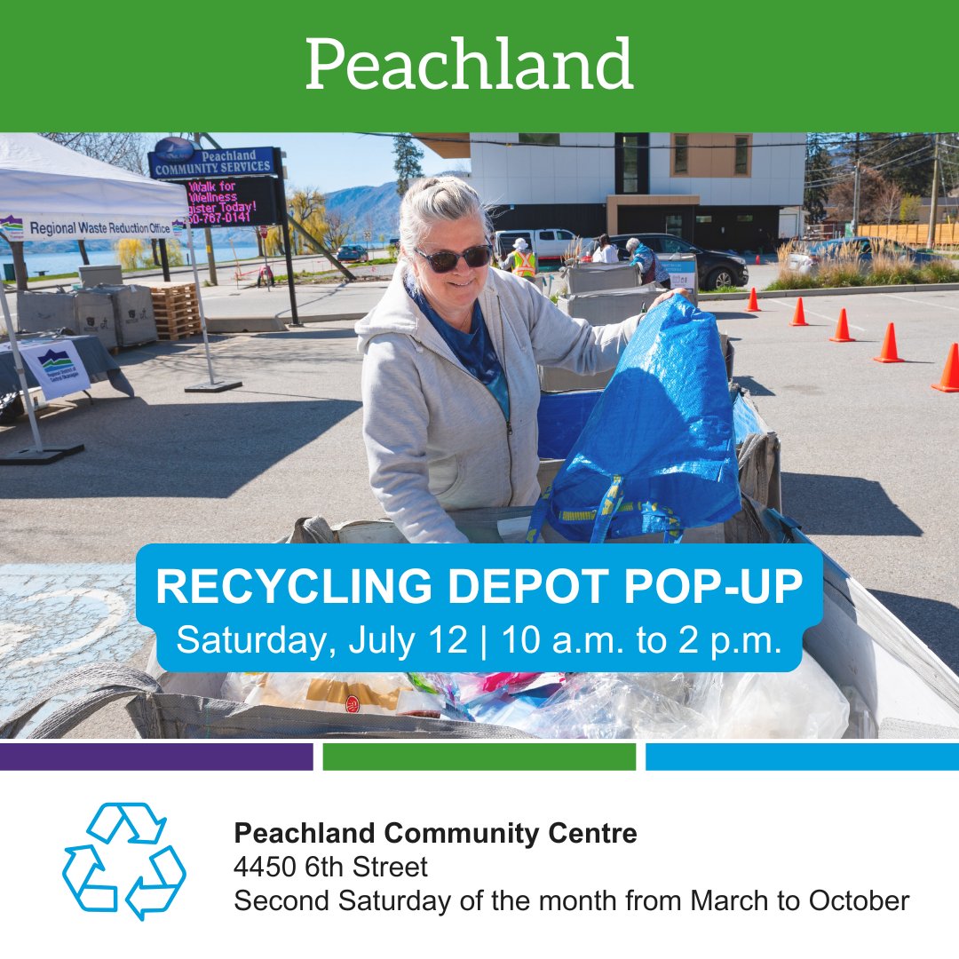 Hello #DistrictofPeachland 👋 We're hosting a recycling depot pop-up, this Saturday, July 12, from 10 a.m. to 2 p.m. 📅 

You can drop off household, depot-only items for recycling like: glass, styrofoam, flexible plastics and electronics. ♻️🦺 Staff are also on-hand to answer