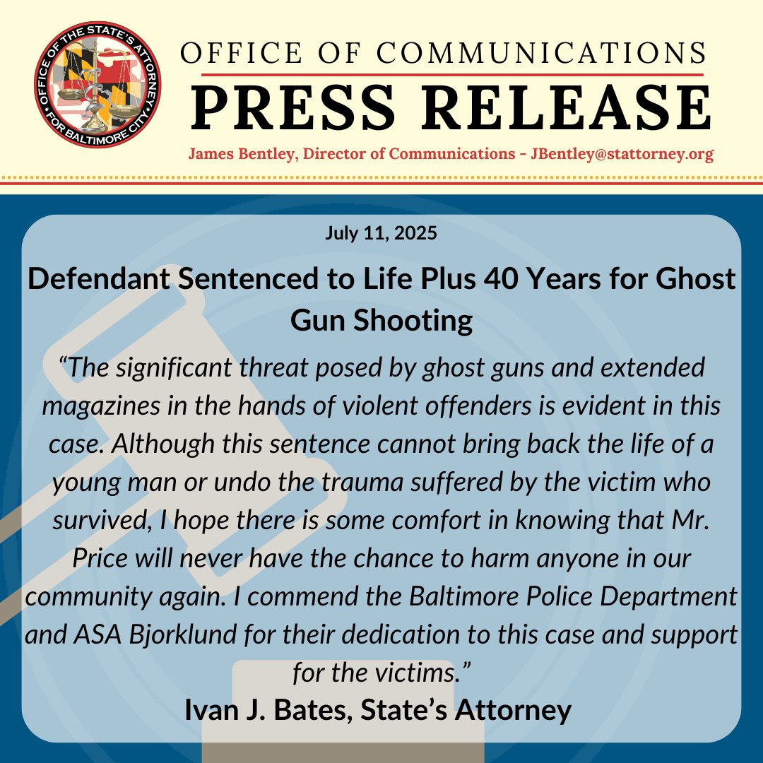 SENTENCING ALERT: Defendant Sentenced to Life Plus 40 Years for Ghost Gun Shooting -stattorney.org/media-center/p…