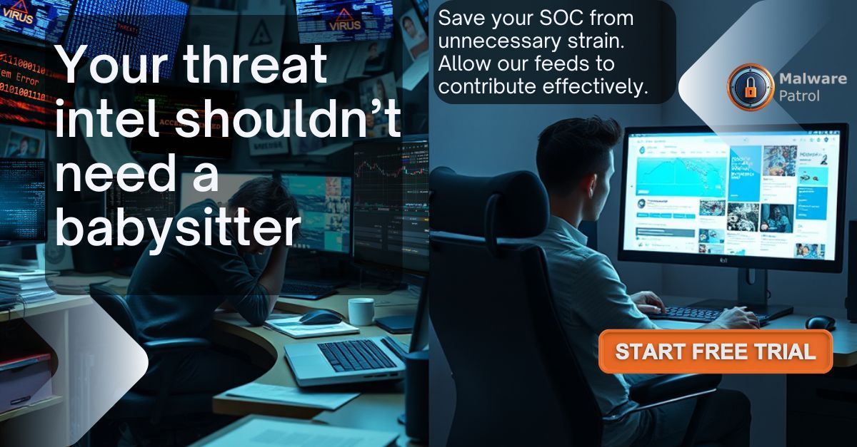 Your threat intelligence shouldn’t require constant supervision.

Relieve your security team from unnecessary pressure. Let our feeds make a significant contribution.

Avail of your free trial today! 

malwarepatrol.net/enterprise-thr…