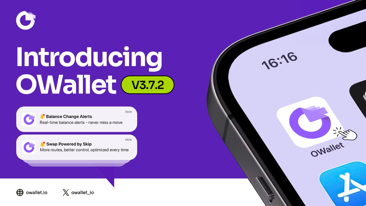 🚨 OWallet V3.7.2 just dropped! 
This is the upgrade you've been waiting for 👇

🔔 Get notified the moment your balance changes
⚡️ New @SkipProtocol swap provider — more options, better control, optimized paths.

Update now and feel the difference.
Let’s gooo! 🔥📲