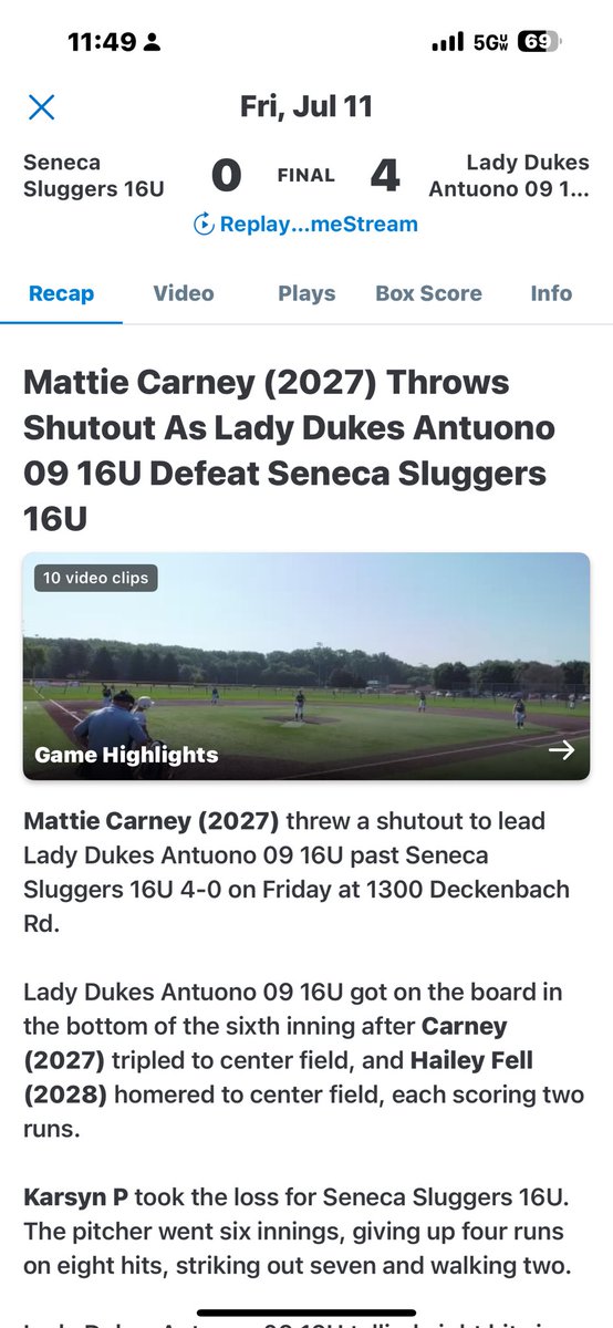 Mattie Carney (@mattiec2027) on Twitter photo G1 of the North American World Series in Columbus OH. My team and I won 4-0! I threw and shutout and went 3-3 at the plate with a triple scoring 2 runs!! I also earned MVP!!
<a href="/LDukesAntuono/">Lady Dukes Antuono 09</a>
<a href="/PennStateSB/">Penn State Softball</a> <a href="/WLU_Softball/">West Liberty Softball</a>
<a href="/KentStSoftball/">Kent State Softball</a>
<a href="/ZipsSB/">Akron Zips Softball</a>
<a href="/OhioStateSB/">Ohio State Softball</a>
<a href="/Vol_Softball/">Tennessee Softball</a> G1 of the North American World Series in Columbus OH. My team and I won 4-0! I threw and shutout and went 3-3 at the plate with a triple scoring 2 runs!! I also earned MVP!!
<a href="/LDukesAntuono/">Lady Dukes Antuono 09</a>
<a href="/PennStateSB/">Penn State Softball</a> <a href="/WLU_Softball/">West Liberty Softball</a>
<a href="/KentStSoftball/">Kent State Softball</a>
<a href="/ZipsSB/">Akron Zips Softball</a>
<a href="/OhioStateSB/">Ohio State Softball</a>
<a href="/Vol_Softball/">Tennessee Softball</a>