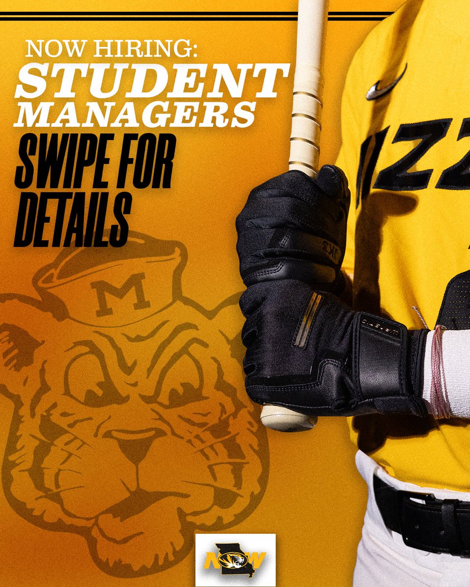 MizzouBaseball's tweet image. Student Managers Wanted!
Wanting to gain experience working in college athletics? How about the chance to work with an SEC program?
Must be a Mizzou student, available for practice and home events, and be dedicated and committed.
Baseball experience is preferred.
#MizzouNOW