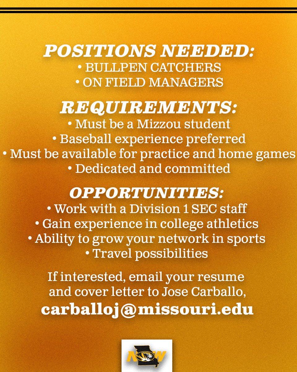 MizzouBaseball's tweet image. Student Managers Wanted!
Wanting to gain experience working in college athletics? How about the chance to work with an SEC program?
Must be a Mizzou student, available for practice and home events, and be dedicated and committed.
Baseball experience is preferred.
#MizzouNOW