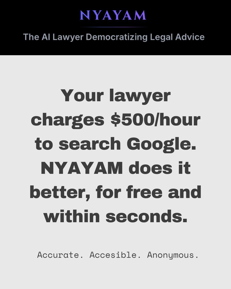 anupamyad's tweet photo. 📍Meet #NYAYAM
A #AILawyer Democratizing #LegalAdvice.
Free for personal use. Currently live in #Beta.
#Technology will soon make every career obsolete, but #CreativeJobs will be the only ones left..😷🍁
https://t.co/4D3FZN8Uqu
All d Bst!
B Sporty Happy..
जय हिन्द!🇮🇳
#HappyYadav https://t.co/D7qb6OHol0