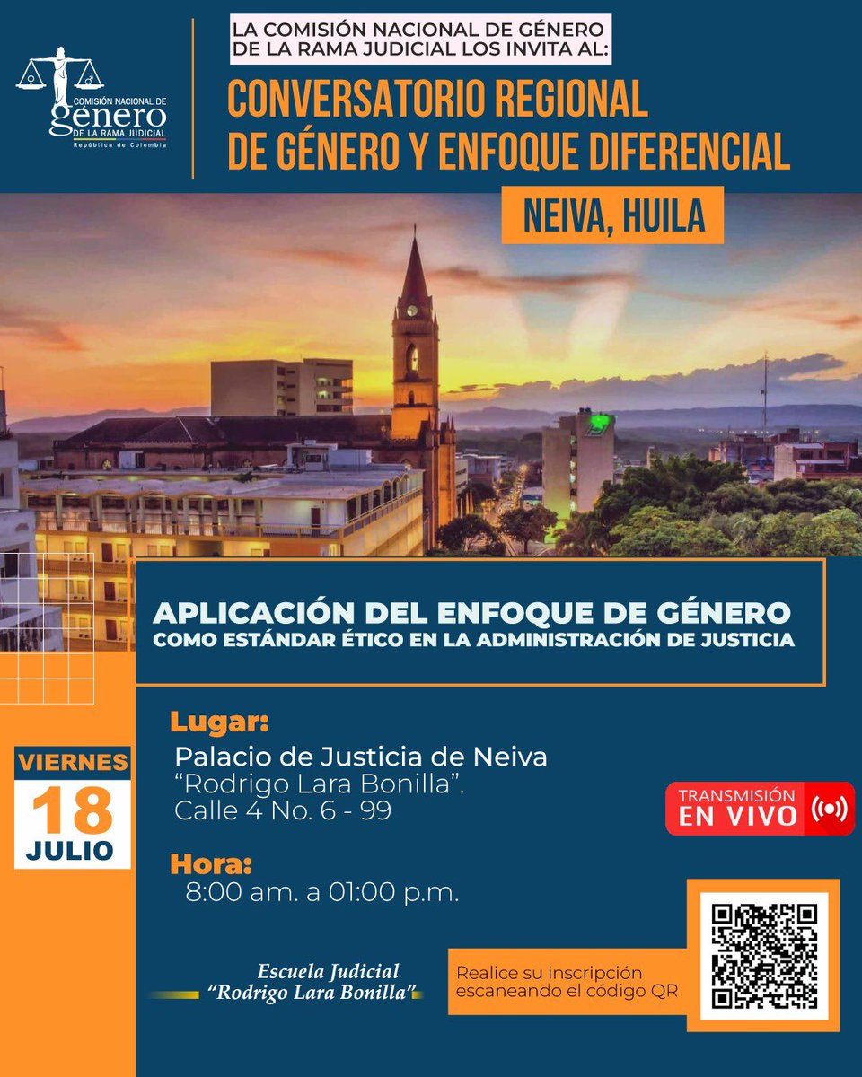 #RamaJudicial | En 8 días retomaremos nuestros conversatorios en una sede muy especial. Estaremos en el #Huila, que a fin de año también acogerá a la Comisión de Género y a los actores más importantes de la justicia alrededor del #EnfoqueDiferencial como estándar ético de todos.