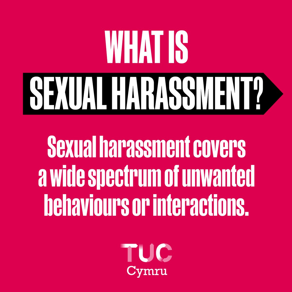 walestuc's tweet image. Beth yw aflonyddu rhywiol?
Sexual harassment can happen anywhere – including at work.
Over 50% of women and nearly 20% of men experience it.
It can be verbal, non-verbal or physical – from anyone you interact with at work.
🔗 Learn more via our bio. #WeWillSupportYou
