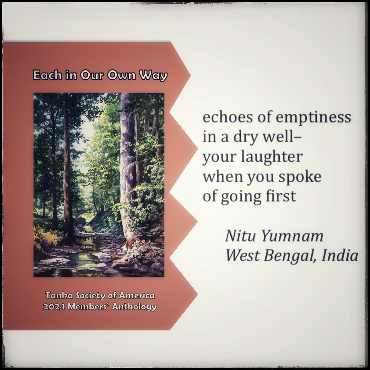 Glad to have a #tanka included in the TSA’s 2024 Members’ Anthology. Sincere thanks to editor Michele L. Harvey.

tankasocietyofamerica.org