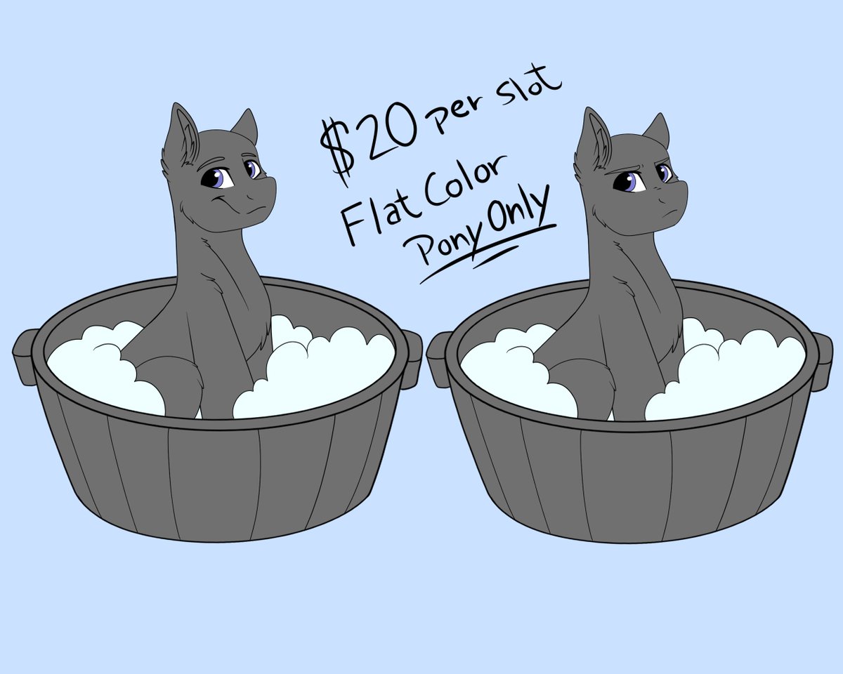 ko-fi.com/c/6520760a8a
Bathtime YCH 
-Pony only (Pony type species ) 
-You can choose the color of the tub 
-I will add more bubbles on the character after I edit them there
-I added a scrub brush add on to do a scrubby scrub on your characters head if so desired.
$20 per slot!