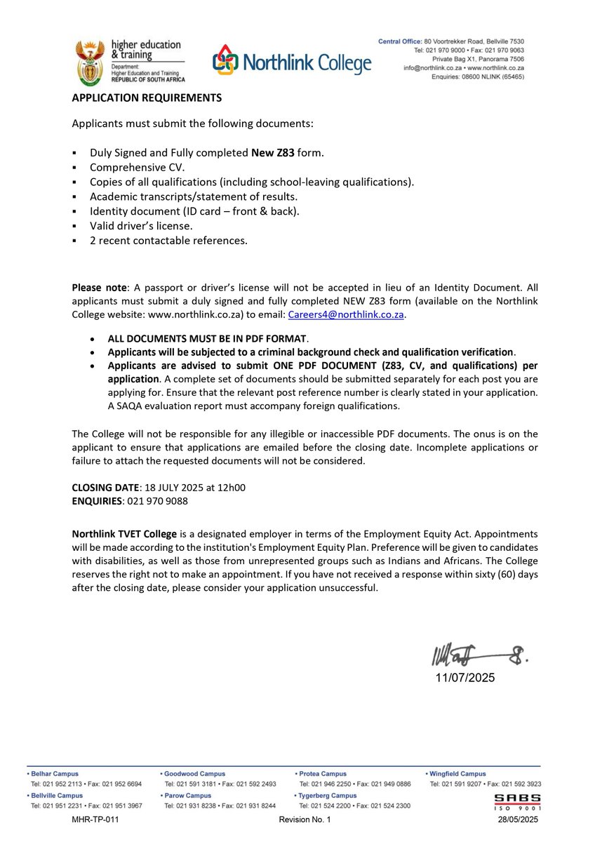 Check out the latest vacancies available:

1. Facilitator: Plumbing
2. Lecturer: Business Studies

For more details, visit: northlink.co.za/vacancies

#NorthlinkCollege