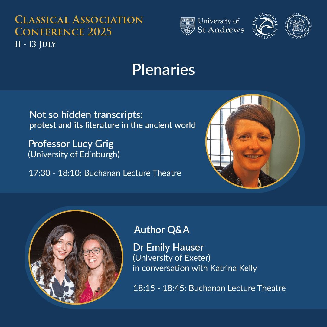 StA_Classics's tweet image. After a short break, Prof Lucy Grig will give a #lecture in the Buchanan lecture theatre at 5:30pm.  At 6:15pm, Dr Emily Hauser will be in conversation with Katrina Kelly at the author Q&amp;amp;A. 

Day 1 of #CA2025 then concludes with a welcome reception in the Younger Hall.