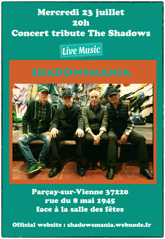 Baricault's tweet photo. Mercredi 23 juillet 2025, Shadowsmania (tribute the Shadows), en concert à Parçay-sur-Vienne (37), rue du 8 mai 1945, face à la salle des fêtes, 20h.
Jean-François Bacci (lead guitar), featuring Patrick Baricault (guitar), Michel Lepron (bass) &amp; Bernard Tessier (drums) https://t.co/XTlmuC4PHU