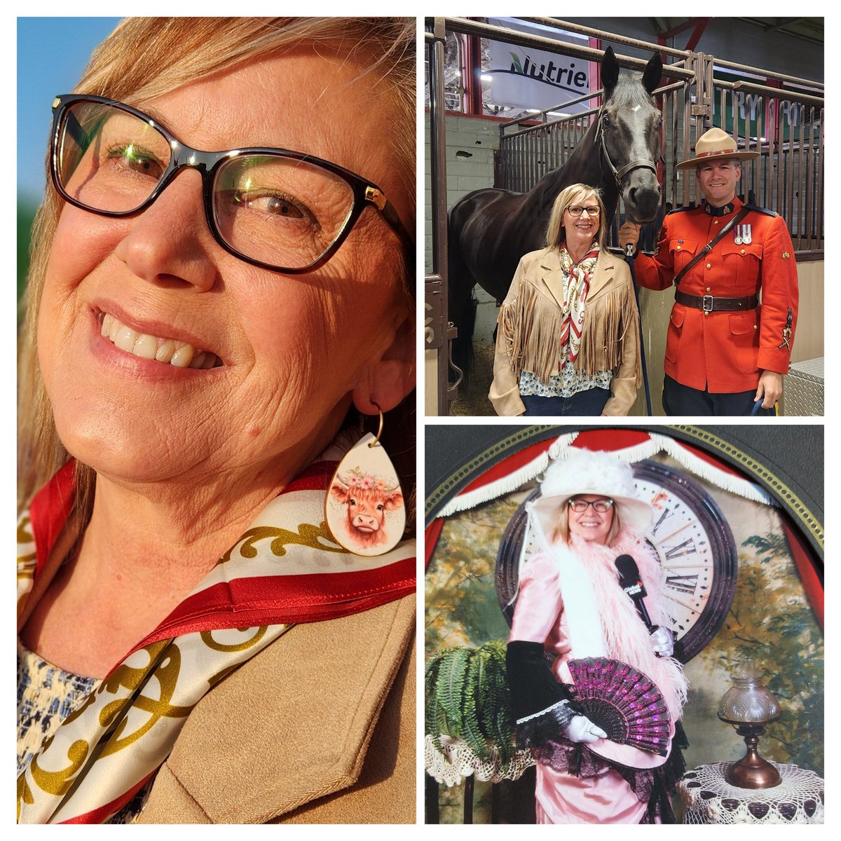 Stampede today... adding to the cow collection with new earrings, posing with Potts the horse (and Sgt Quilley) from RCMP Musical Ride, and Victorian era Leslie! It's been a fun week exploring every corner of Stampede... thanks for following along! 😁😁