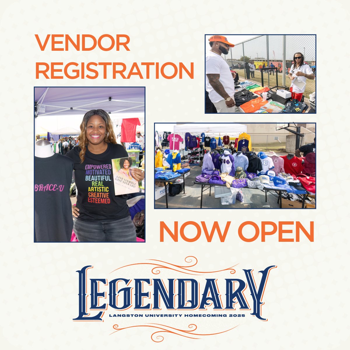 Vendor registration for Homecoming 2025 is now open! Secure your vendor spot by going to langston.edu/homecoming

#WeRoar #LUHomecoming25 #Legendary