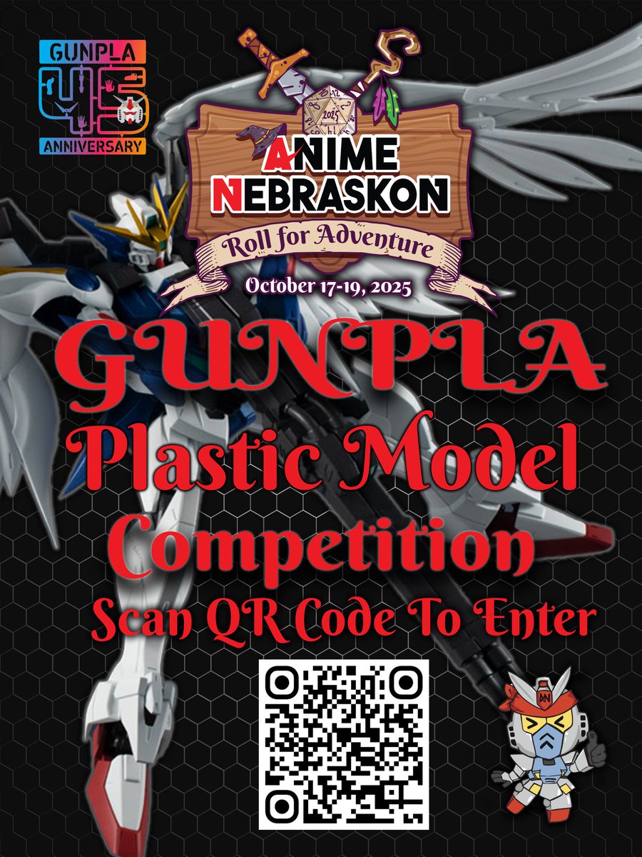 Exciting news for model-building enthusiasts! Gunpla is making a comeback at Anime NebrasKon, and we want you to be a part of it! While this year’s theme is Gundam Wing, all Gundam and Anime kits are welcome.

Don't miss out, sign up now! 

forms.gle/yTaX962jb6jpYc…