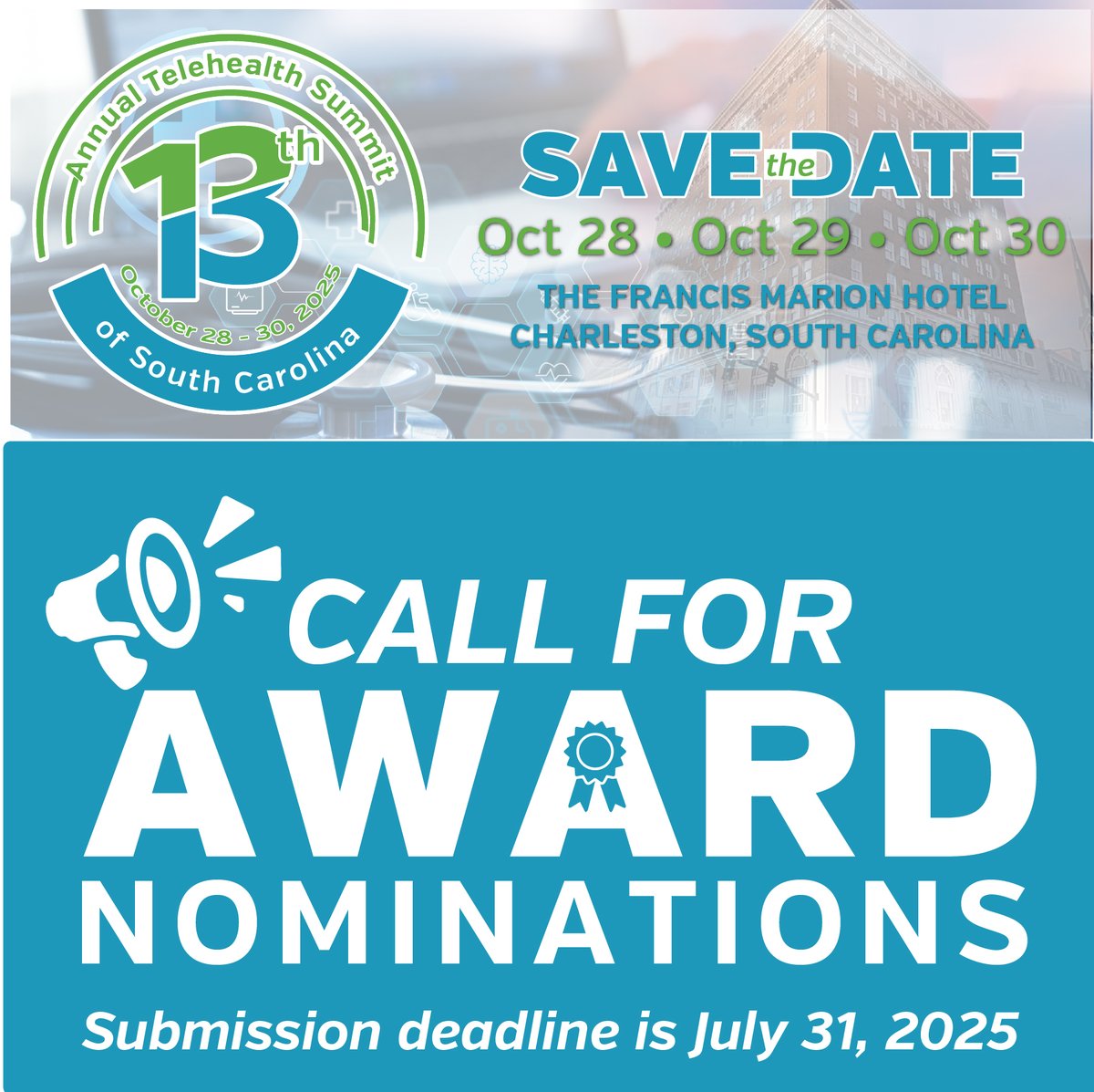 Palmetto Care Connections (@palmettocaresc) on Twitter photo 🏆 Know someone transforming telehealth or rural care in SC?
Nominate them for a 2025 Telehealth Award—honored at our October Summit in Charleston! 🌟
Deadline: July 31
📩 summit@palmettocareconnections.org
📄 Nominate: bit.ly/TelehealthAwar…
#TelehealthSummitSC #RuralHealth 🏆 Know someone transforming telehealth or rural care in SC?
Nominate them for a 2025 Telehealth Award—honored at our October Summit in Charleston! 🌟
Deadline: July 31
📩 summit@palmettocareconnections.org
📄 Nominate: bit.ly/TelehealthAwar…
#TelehealthSummitSC #RuralHealth