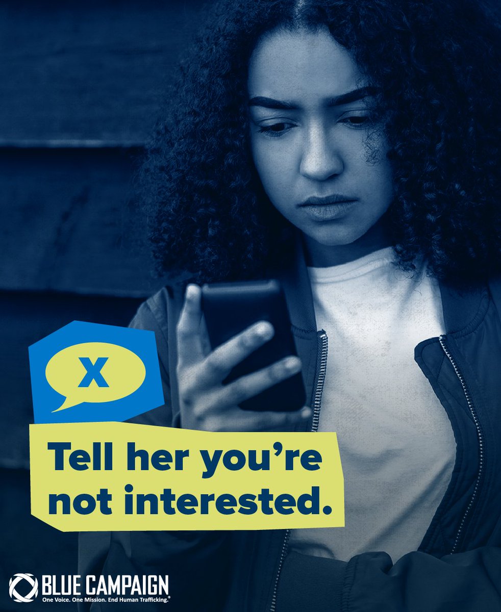 DHSBlueCampaign's tweet image. Traffickers may lie and promise high-paying or “perfect” jobs to lure victims.
Never share personal information or go off alone with someone you don’t know.
Learn how to report these instances: go.dhs.gov/JVE. #HumanTraffickingAwareness