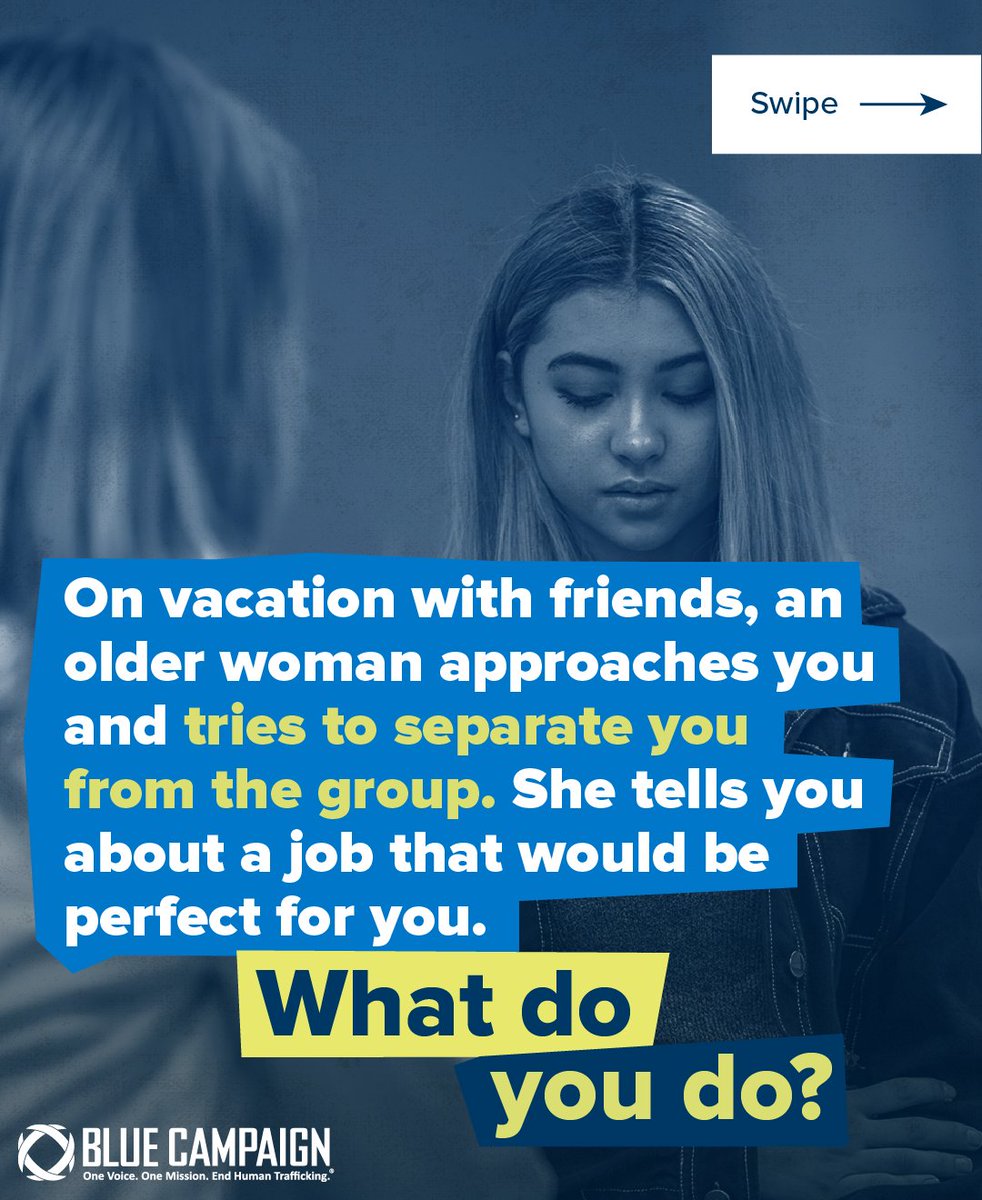DHSBlueCampaign's tweet image. Traffickers may lie and promise high-paying or “perfect” jobs to lure victims.
Never share personal information or go off alone with someone you don’t know.
Learn how to report these instances: go.dhs.gov/JVE. #HumanTraffickingAwareness