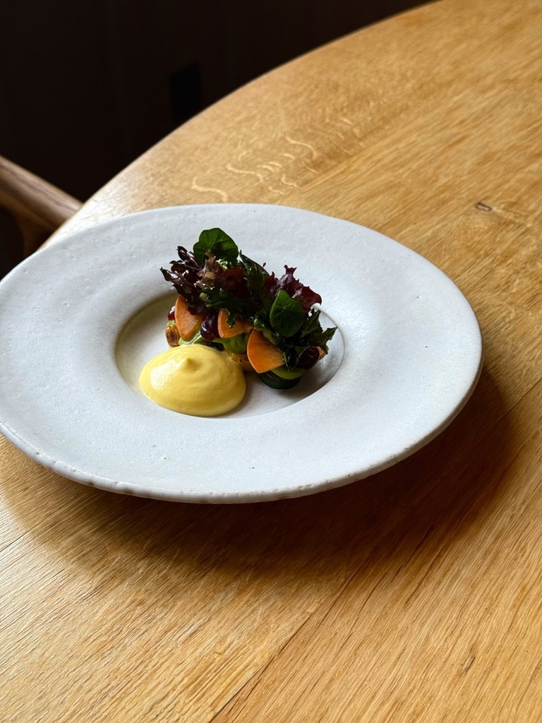 With beautiful new ingredients from the Oldstead garden, our salad dish will continue to evolve as the growing season progresses. This weeks new additions are apricots, Pablo beetroots and Red Russian kale