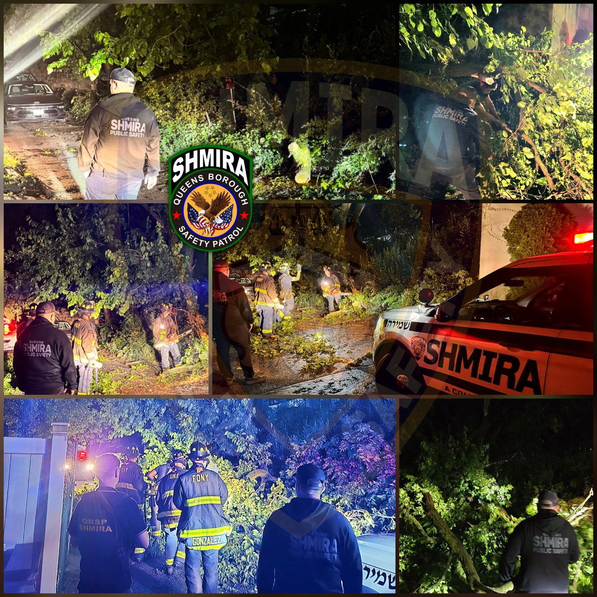 Late Tuesday evening, Queens #Shmira volunteers were on the scene in Kew Gardens Hills after a fallen tree blocked the community driveway at 77th Avenue and 150th Street. The tree had come down due to a storm earlier in the evening. Shmira worked hand-in-hand with the <a href="/FDNY/">FDNY</a> to