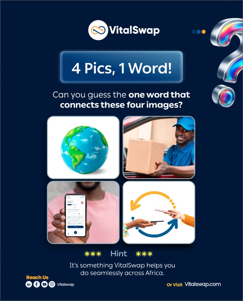 vitalswap's tweet image. Fun Friday: 4 Pics, 1 Word!

Can you guess the one word that connects these four images?

Hint: It’s something VitalSwap helps you do seamlessly across Africa.

Drop your answer in the comments! 👇

Let’s see who gets it right first 😄

#FridayFun #4Pics1Word #VitalSwapChallenge