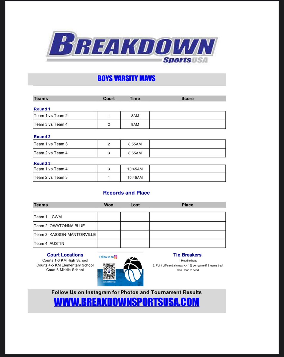 Boys Breakdown Tournament Schedule @ K-M