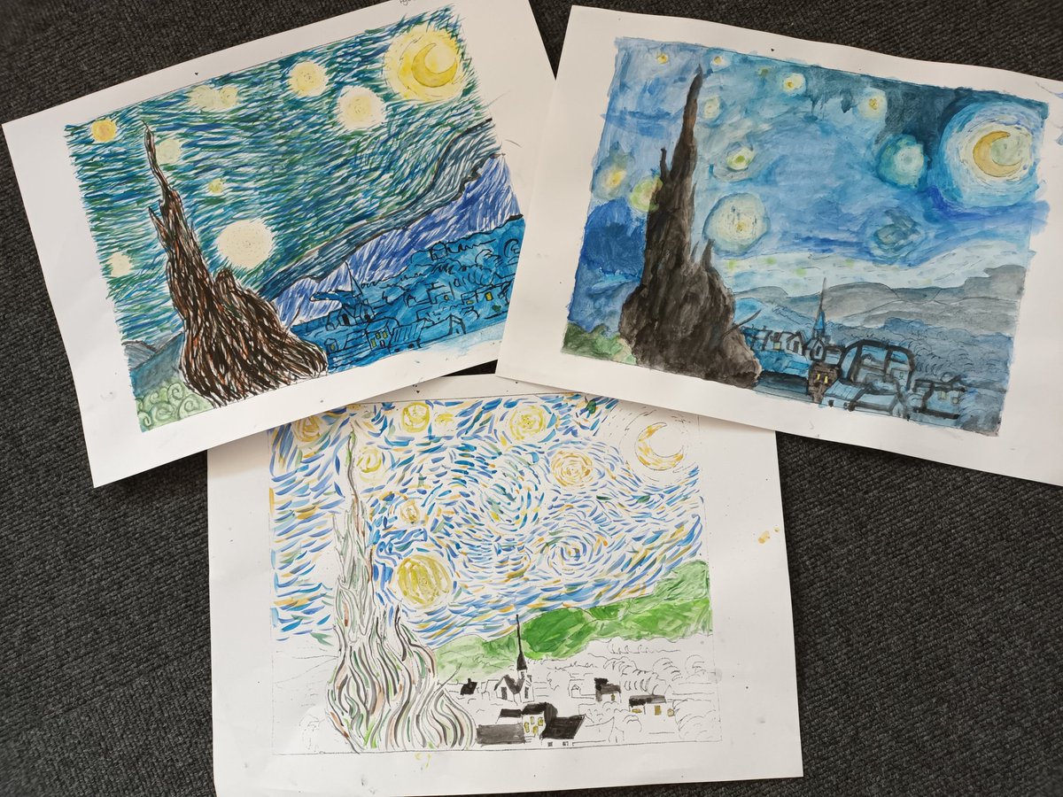 Year 5 have been creating their own paintings, using different brush strokes, of 'The Starry Night' by Vincent Van Gogh.