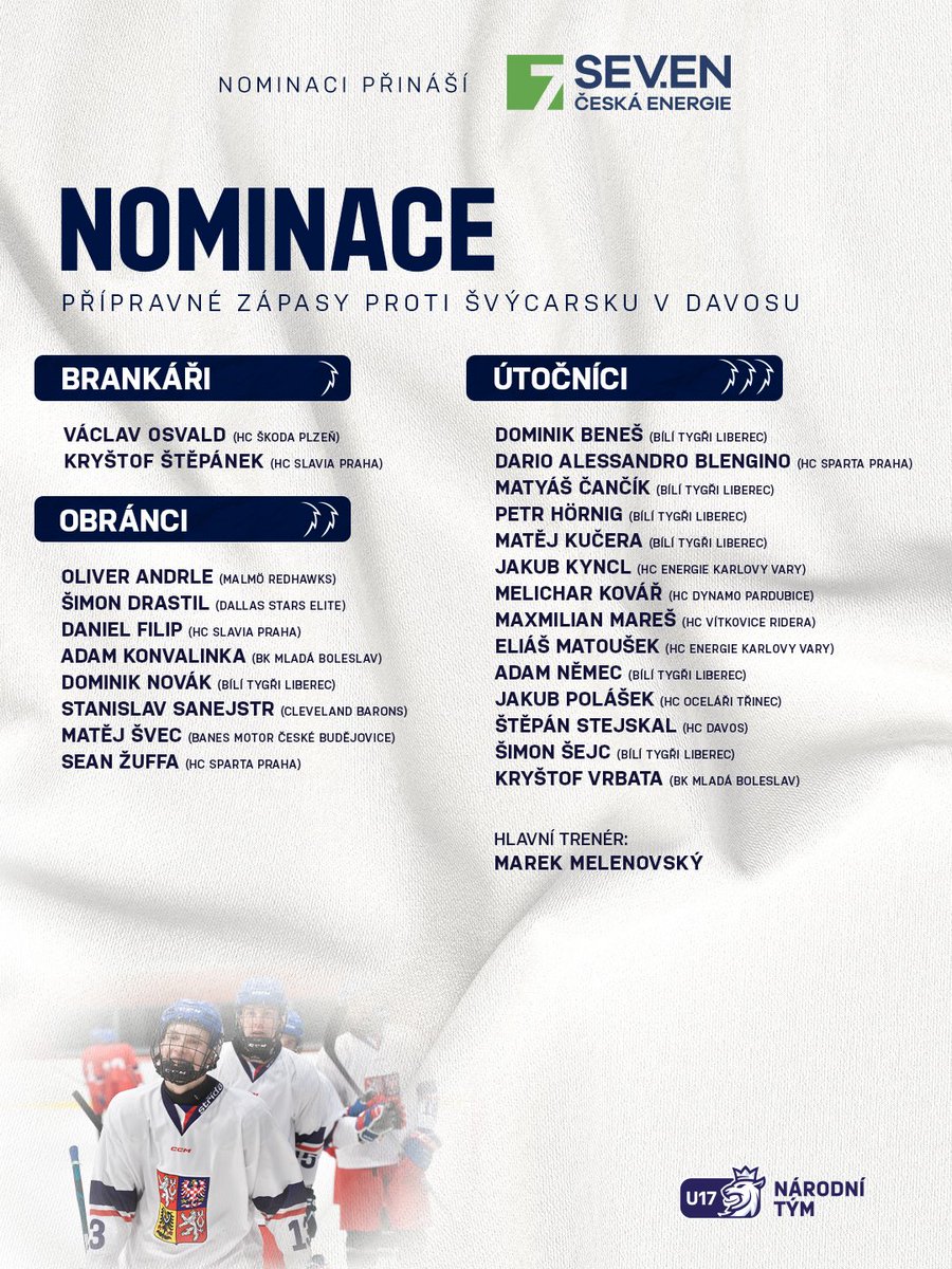 Sedmnáctka se ve 🇨🇭 švýcarském Davosu poprvé představí pod vedením Marka Melenovského. Ten na tři přípravné duely s domácím výběrem nominoval následující sestavu. 👥👊

Další informace 📲 ceskyhokej.cz/novinky/7961-u…