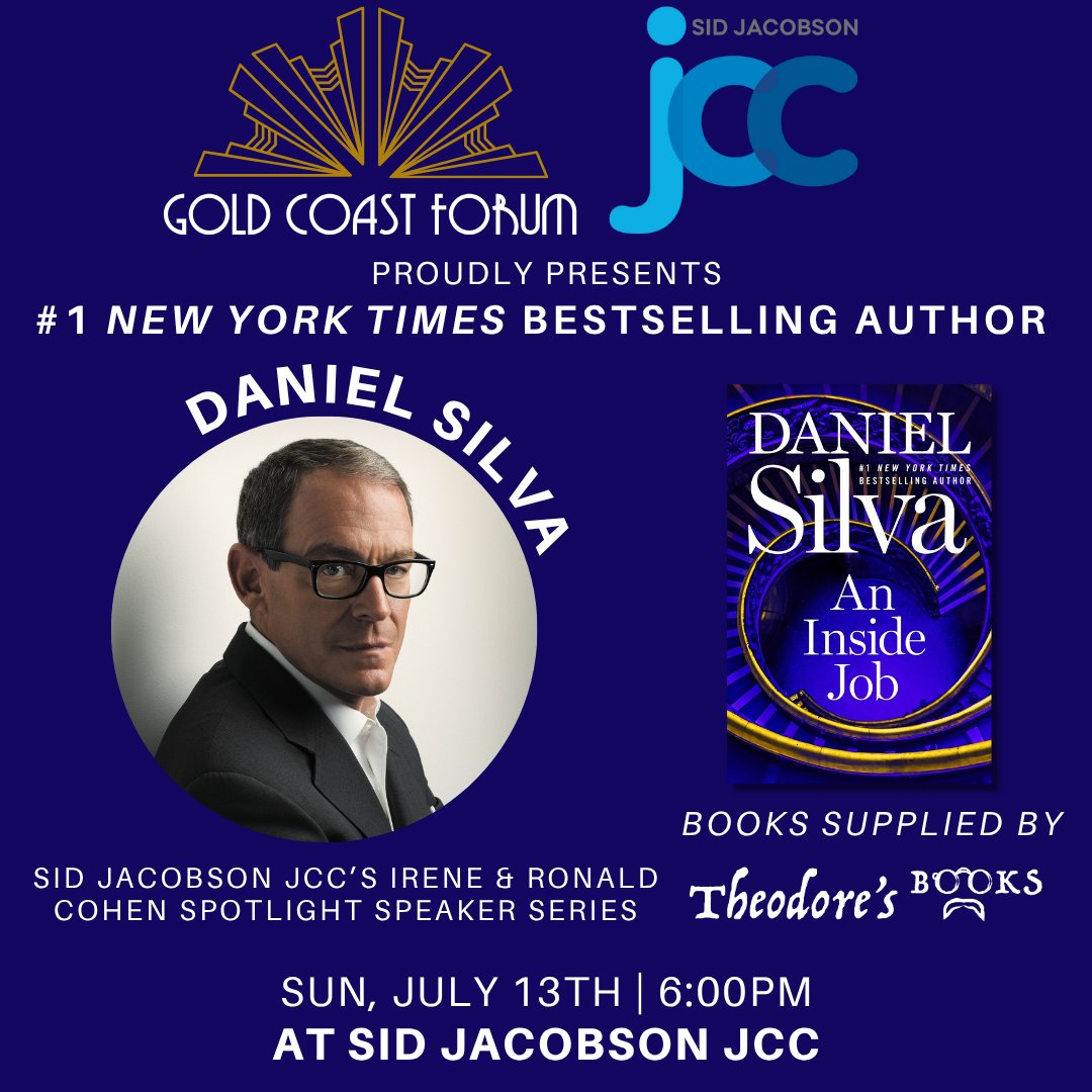 This Sunday, July 13 at 6PM: Join #1 NYT bestselling author Daniel Silva in conversation with CNN’s Jamie Gangel on his new book An Inside Job, followed by a signing.

I'll proudly present him the inaugural Nelson DeMille Award.
🎟 theodoresbooks.com/event/daniel-s…
📍Sid Jacobson JCC