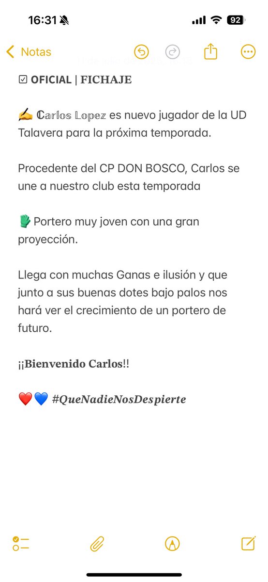 ☑ 𝗢𝗙𝗜𝗖𝗜𝗔𝗟 | 𝐅𝐈𝐂𝐇𝐀𝐉𝐄

✍ ℂ𝕒𝕣𝕝𝕠𝕤 𝕃𝕠𝕡𝕖𝕫 es nuevo jugador de la UD Talavera para la 25/26. 

Procedente del <a href="/Cpdonbosco/">CP Don Bosco Badajoz</a> , Carlos se une a nuestro club esta temporada 

¡¡𝐁𝐢𝐞𝐧𝐯𝐞𝐧𝐢𝐝𝐨 𝐂𝐚𝐫𝐥𝐨𝐬!!

❤️💙 #𝑸𝒖𝒆𝑵𝒂𝒅𝒊𝒆𝑵𝒐𝒔𝑫𝒆𝒔𝒑𝒊𝒆𝒓𝒕𝒆