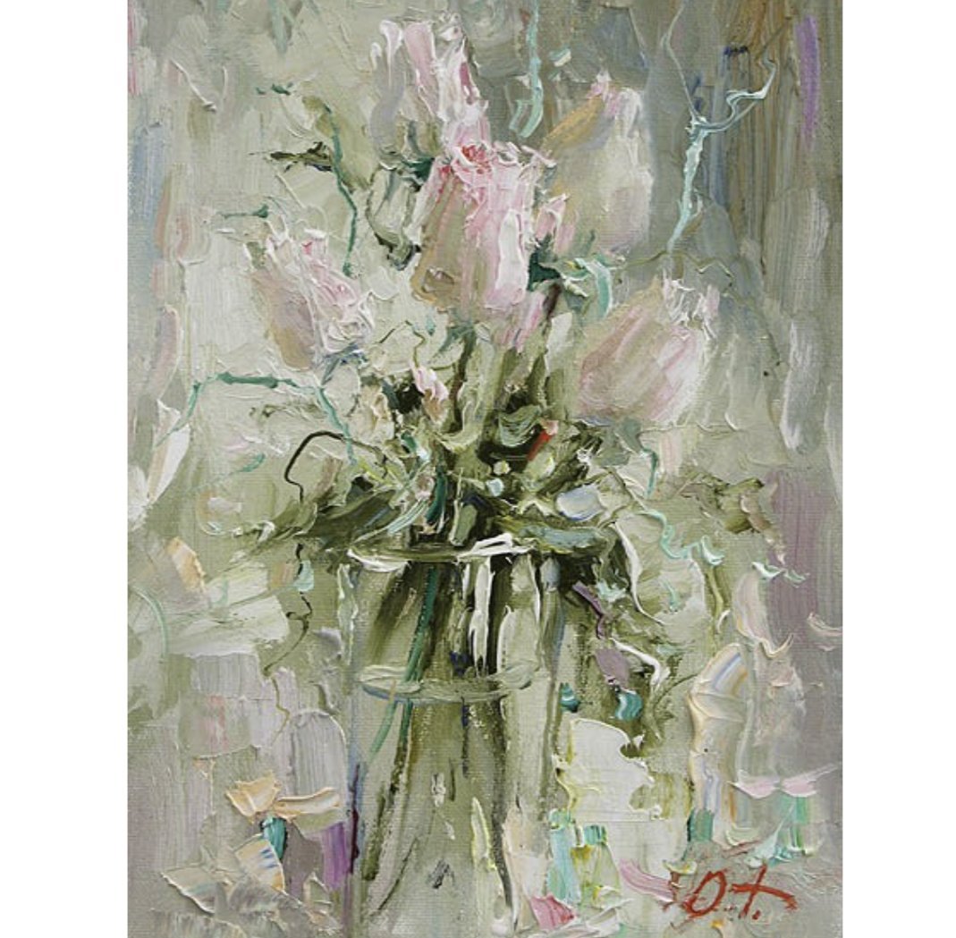Well placed dabs of color to this subtle floral still life by Oleg Trofimov.