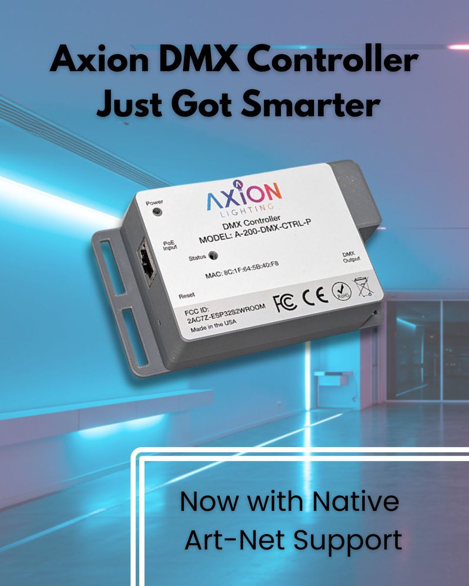 AxionLighting's tweet photo. 🚀 New Firmware. New Possibilities.
We’re excited to announce native Art-Net support for the Axion DMX Controller!
Control DMX lighting directly from your favorite app — no traditional control system needed. 

🔧 Firmware v1.7.0 now available

#DMXLighting #ArtNet #SmartLighting https://t.co/qV9uw4rBkS