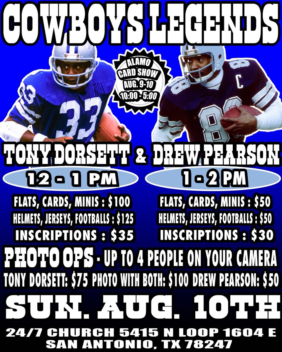 alamocardshow's tweet image. 🚨 Public Signing Announcement 🚨 
We are bringing Cowboys Legends &amp;amp; NFL Hall of Famers Tony Dorsett &amp;amp; Drew Pearson to the Alamo Card Show  on Sunday, August 10th! The show is Aug 9th-10th at the 24/7 Church on Judson &amp;amp; 1604 in San Antonio, TX. We would love to see you there!