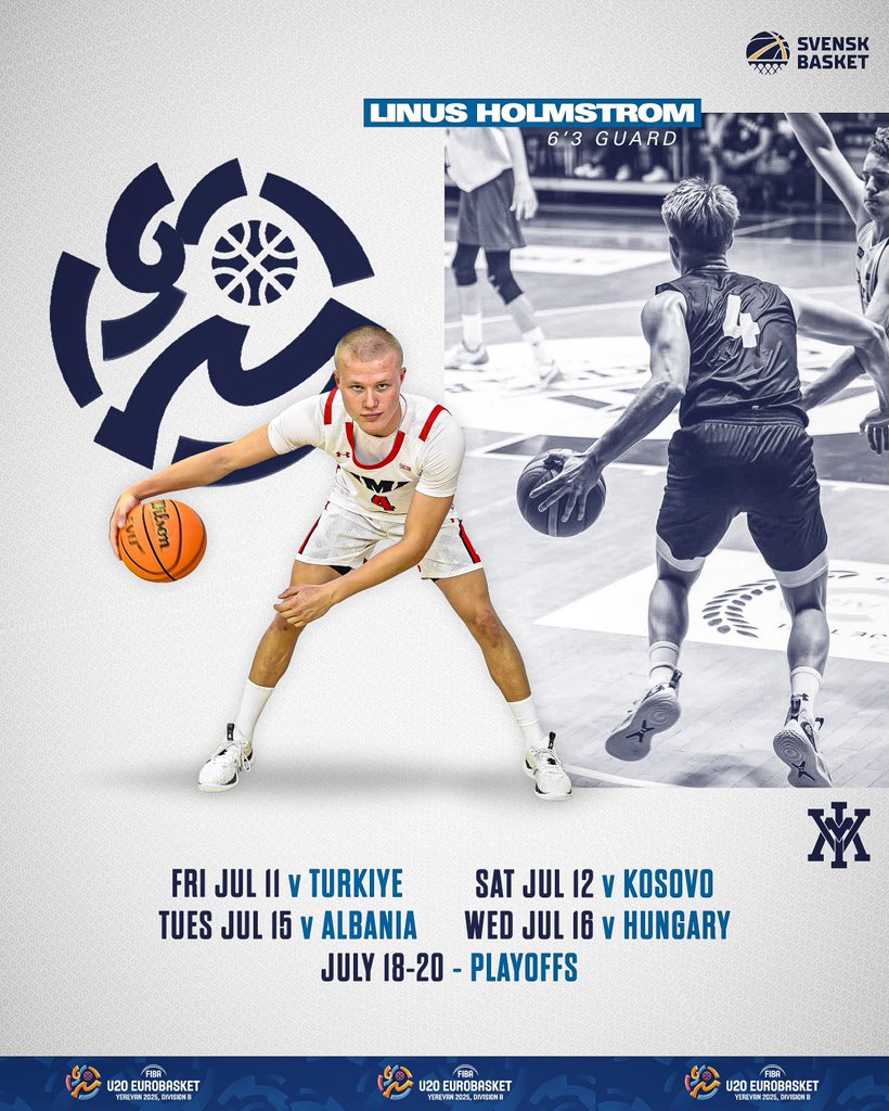 VMI_Basketball's tweet image. Good luck to VMI’s own Swedish Sharpshooter @LinusholmstromR as his team begins EuroBasket play today🇸🇪🏀
Upcoming Schedule:
Fri Jul 11 v Turkiye
Sat Jul 12 v Kosovo
Tues Jul 15 v Albania
Wed Jul 16 v Hungary
July 18-20 — Playoffs
fiba.basketball/en/events/fiba…
#TheHUNT | #RahVaMil