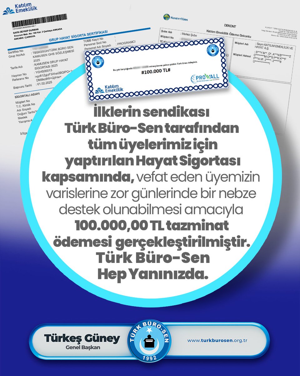 📌 İlklerin sendikası Türk Büro-Sen tarafından tüm üyelerimiz için yaptırılan Hayat Sigortası kapsamında, vefat eden üyemizin varislerine zor günlerinde bir nebze destek olunabilmesi amacıyla 100.000,00-TL tazminat ödemesi gerçekleştirilmiştir.

📌  Türk Büro-Sen Hep Yanınızda