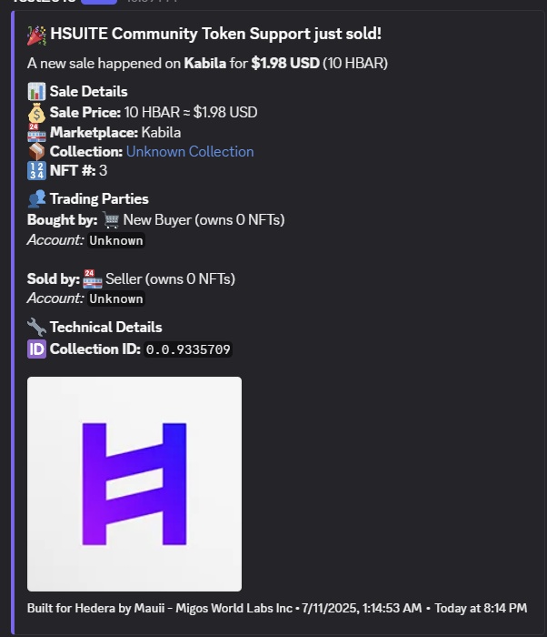 Mauii_MW's tweet image. The bot now shows #hashinals images 
.
.
Bot will get some updates this weekend adding mp4, gif.
.
.
@KabilaApp marketplace tracking will also go live this weekend. 
.
.
If you need a discord bot tool, telegram tools built on #Hedera 
or websites send me dm or join Discord to