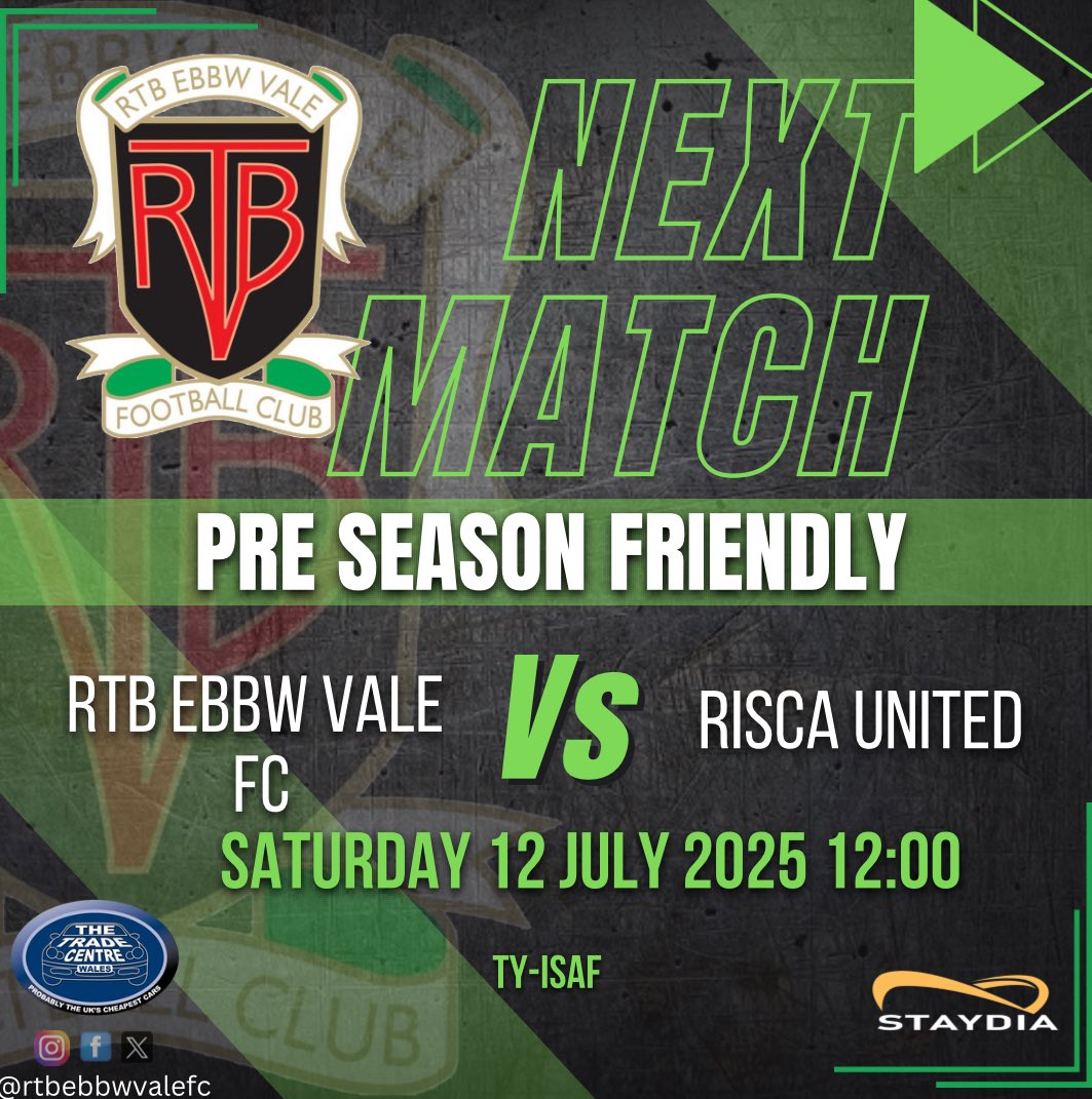 This weekend we face Risca United hoping to build on last weeks performance💚

⚽️ 1st Team Friendly
🗓️ Sat 12th July
🆚 Risca United (A)
⏰ 12pm kick off
🏟️ Ty-Isaf