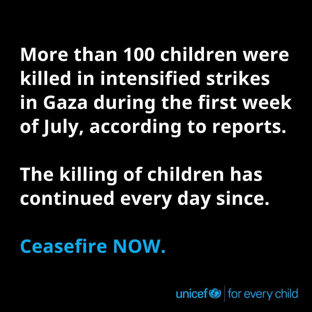 UNICEF's tweet image. The bombardments in Gaza haven’t stopped.
Children and families are being killed and injured, forced to scramble for aid and seek shelter amid ongoing displacement orders.
A long-lasting ceasefire must happen now. Aid at scale must be allowed in, and all hostages released.