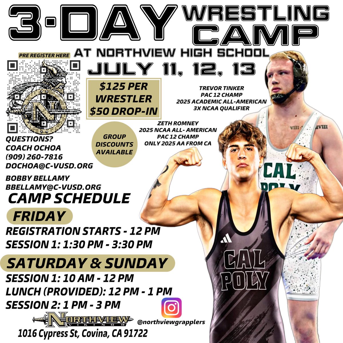 David Bonilla (@bonillapartners) on Twitter photo Wrestling Camp starts today!
📍 Northview HS | Covina, CA
🗓️ July 11–13
🤼♂️ Grades K–12 welcome
💥 Cal Poly wrestlers + Northview staff
💵 $125 full | $50 drop-in
🥗 Lunch Sat/Sun
🕐 Reg at 12 | Session 1 at 1:30
<a href="/NorthviewWrest1/">Fans of Northview Wrestling</a> <a href="/SGVNSports/">Fred J. Robledo 👨🏻💻</a> <a href="/CalPolyWrestle/">Cal Poly Wrestling</a> <a href="/NCAAWrestling/">NCAA Men's Wrestling</a> Wrestling Camp starts today!
📍 Northview HS | Covina, CA
🗓️ July 11–13
🤼♂️ Grades K–12 welcome
💥 Cal Poly wrestlers + Northview staff
💵 $125 full | $50 drop-in
🥗 Lunch Sat/Sun
🕐 Reg at 12 | Session 1 at 1:30
<a href="/NorthviewWrest1/">Fans of Northview Wrestling</a> <a href="/SGVNSports/">Fred J. Robledo 👨🏻💻</a> <a href="/CalPolyWrestle/">Cal Poly Wrestling</a> <a href="/NCAAWrestling/">NCAA Men's Wrestling</a>