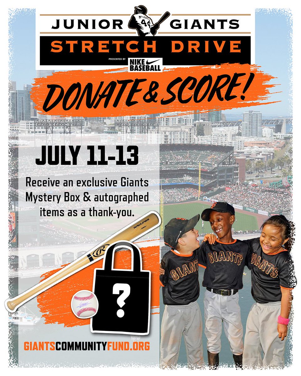 SFGiants's tweet photo. Inspired by #SFGiants legend Willie McCovey, the @giantscommunity’s Junior Giants #StretchDrive is officially underway! 💪⚾️ 

Support 28,000+ youth across CA, NV &amp; OR—donate today &amp; unlock a Giants Mystery Box: https://t.co/xiI25TK2Y8 https://t.co/1LWf2jpbEp